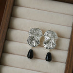 Vintage Textured Silver Ginkgo Earrings | Pearl & Black Onyx Drop Earrings - floysun