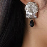 Vintage Textured Silver Ginkgo Earrings | Pearl & Black Onyx Drop Earrings - floysun