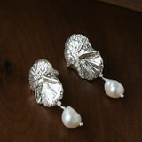 Vintage Textured Silver Ginkgo Earrings | Pearl & Black Onyx Drop Earrings - floysun