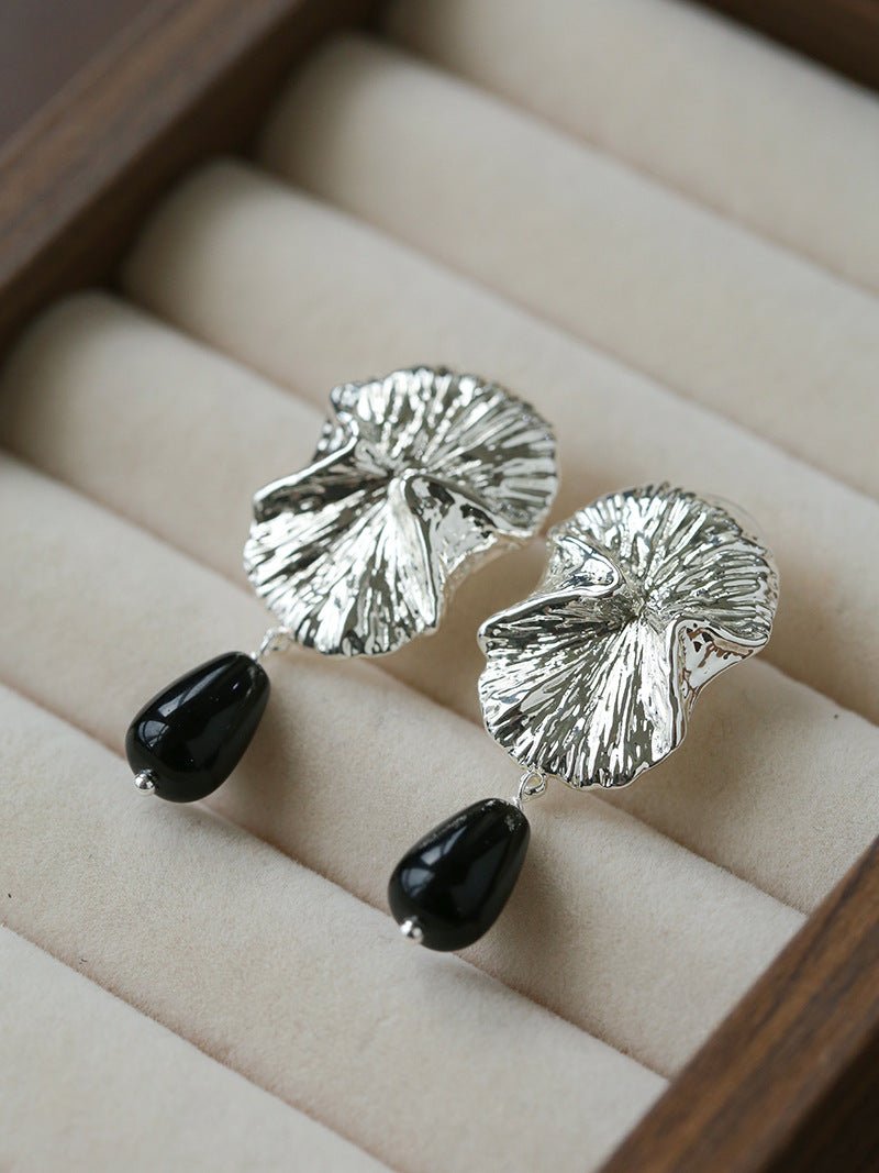 Vintage Textured Silver Ginkgo Earrings | Pearl & Black Onyx Drop Earrings - floysun