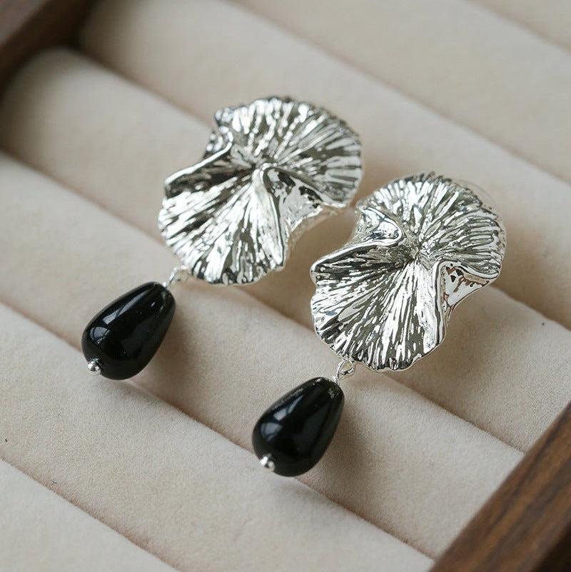 Vintage Textured Silver Ginkgo Earrings | Pearl & Black Onyx Drop Earrings - floysun