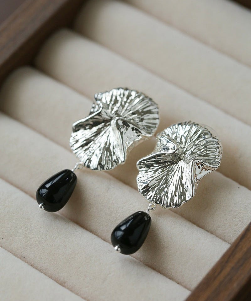 Vintage Textured Silver Ginkgo Earrings | Pearl & Black Onyx Drop Earrings - floysun