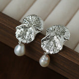 Vintage Textured Silver Ginkgo Earrings | Pearl & Black Onyx Drop Earrings - floysun