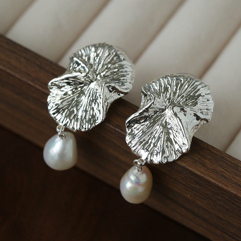 Vintage Textured Silver Ginkgo Earrings | Pearl & Black Onyx Drop Earrings - floysun