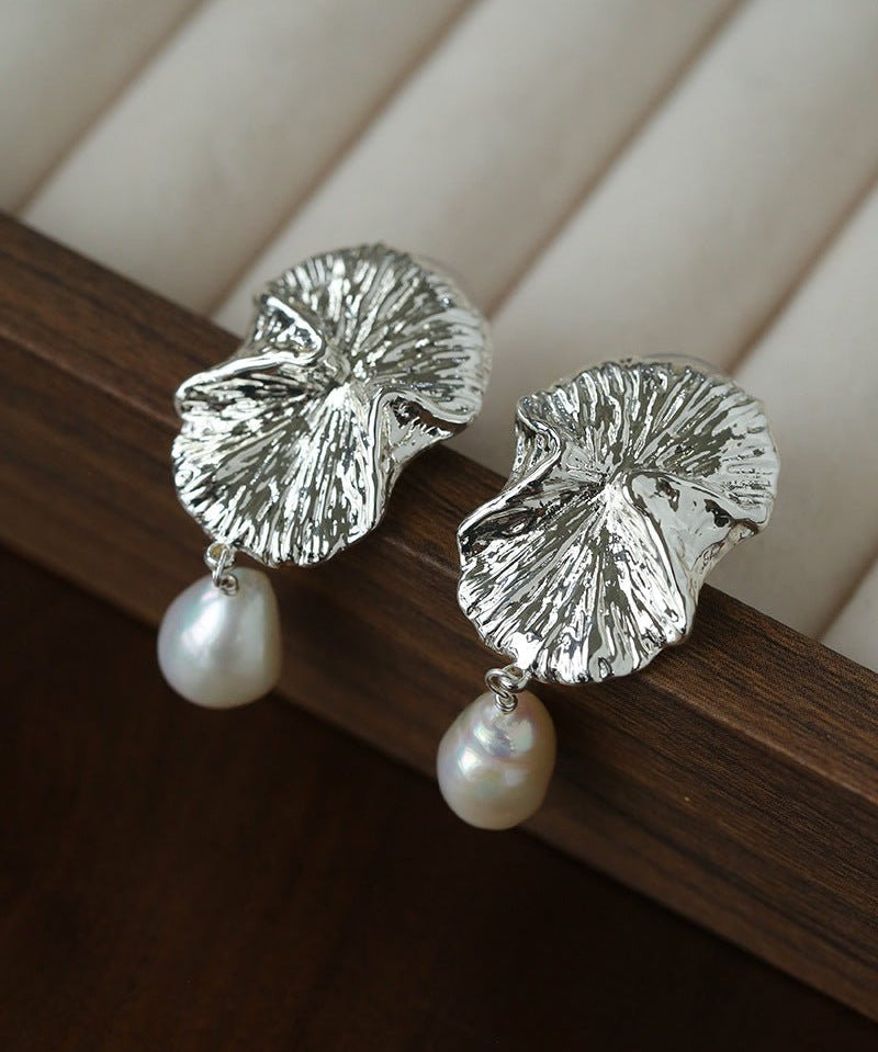 Vintage Textured Silver Ginkgo Earrings | Pearl & Black Onyx Drop Earrings - floysun