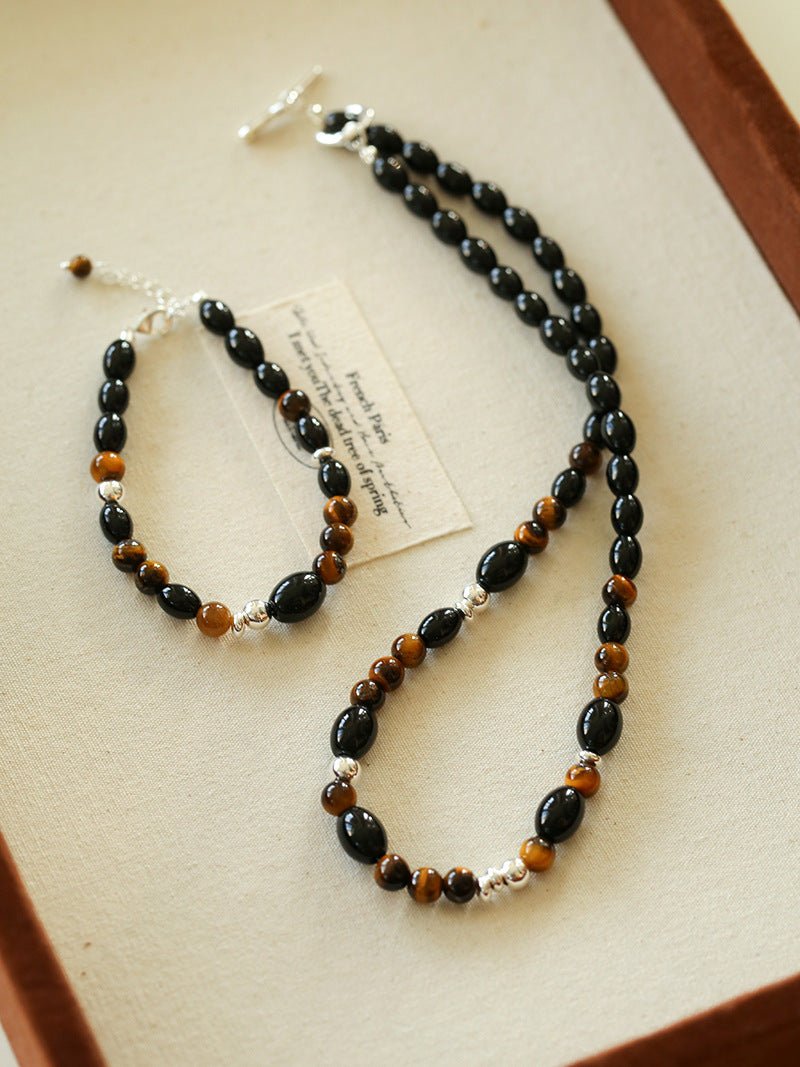 Vintage Tiger’s Eye & Black Agate Beaded Bracelet - floysun