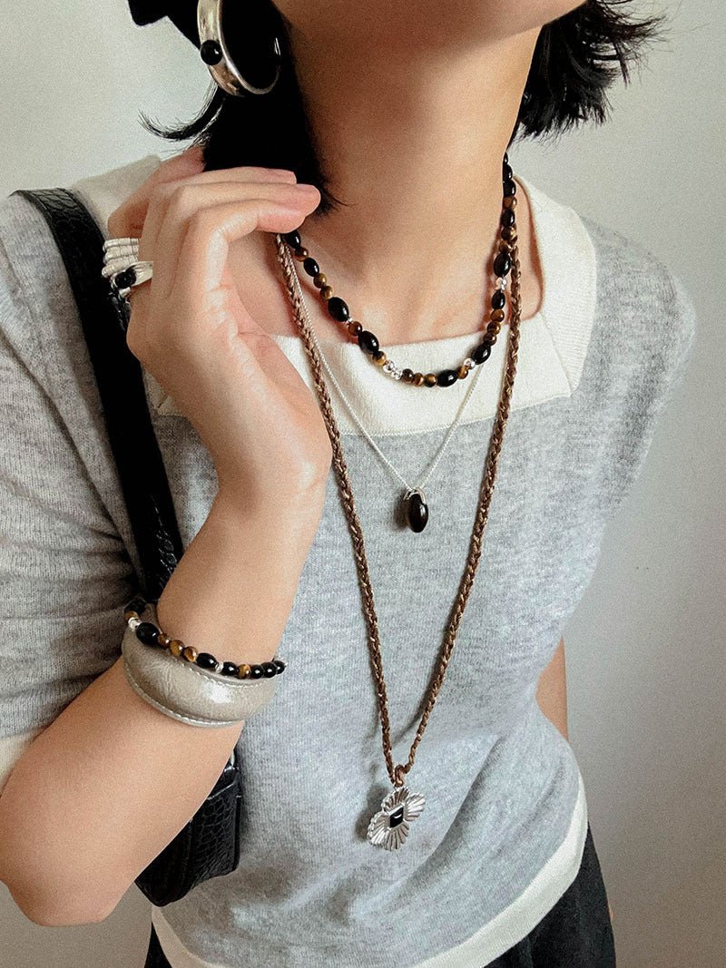 Vintage Tiger’s Eye & Black Agate Beaded Bracelet - floysun