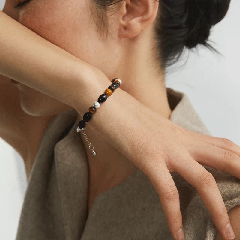 Vintage Tiger’s Eye & Black Agate Beaded Bracelet - floysun