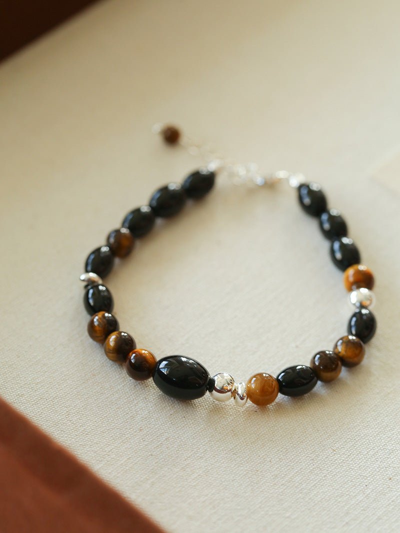 Vintage Tiger’s Eye & Black Agate Beaded Bracelet - floysun