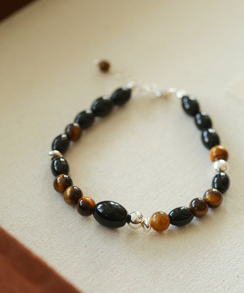 Vintage Tiger’s Eye & Black Agate Beaded Bracelet - floysun