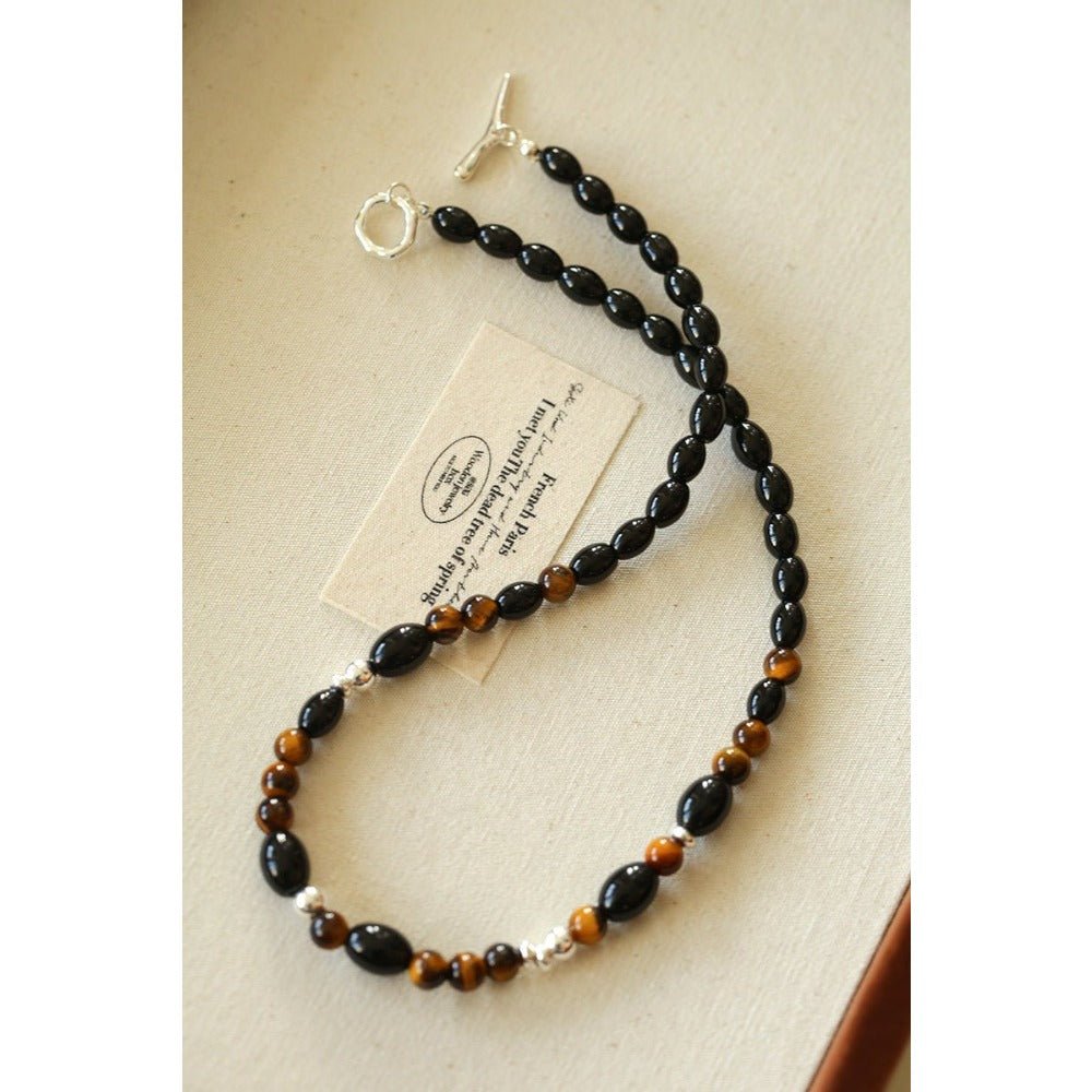Vintage Tiger’s Eye & Black Agate Beaded Necklace - floysun