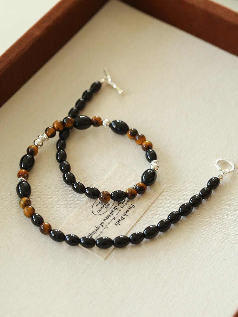 Vintage Tiger’s Eye & Black Agate Beaded Necklace - floysun