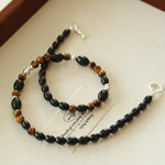 Vintage Tiger’s Eye & Black Agate Beaded Necklace - floysun