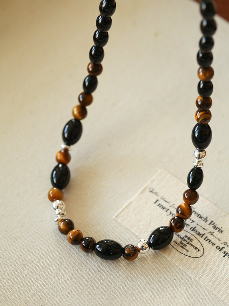 Vintage Tiger’s Eye & Black Agate Beaded Necklace - floysun