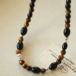 Vintage Tiger’s Eye & Black Agate Beaded Necklace - floysun