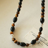 Vintage Tiger’s Eye & Black Agate Beaded Necklace - floysun