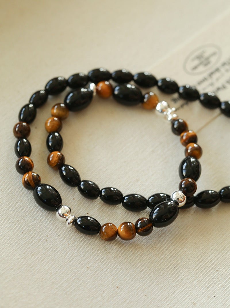 Vintage Tiger’s Eye & Black Agate Beaded Necklace - floysun