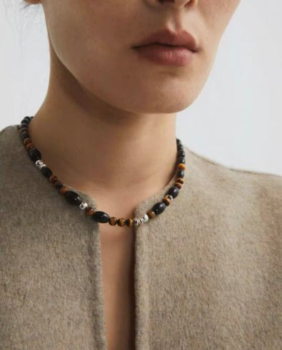 Vintage Tiger’s Eye & Black Agate Beaded Necklace - floysun