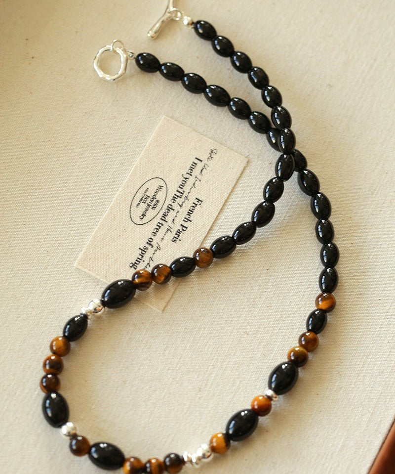 Vintage Tiger’s Eye & Black Agate Beaded Necklace - floysun
