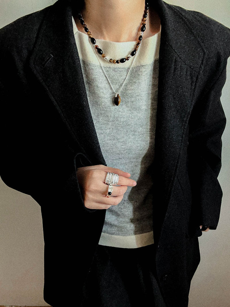 Vintage Tiger’s Eye & Black Agate Beaded Necklace - floysun