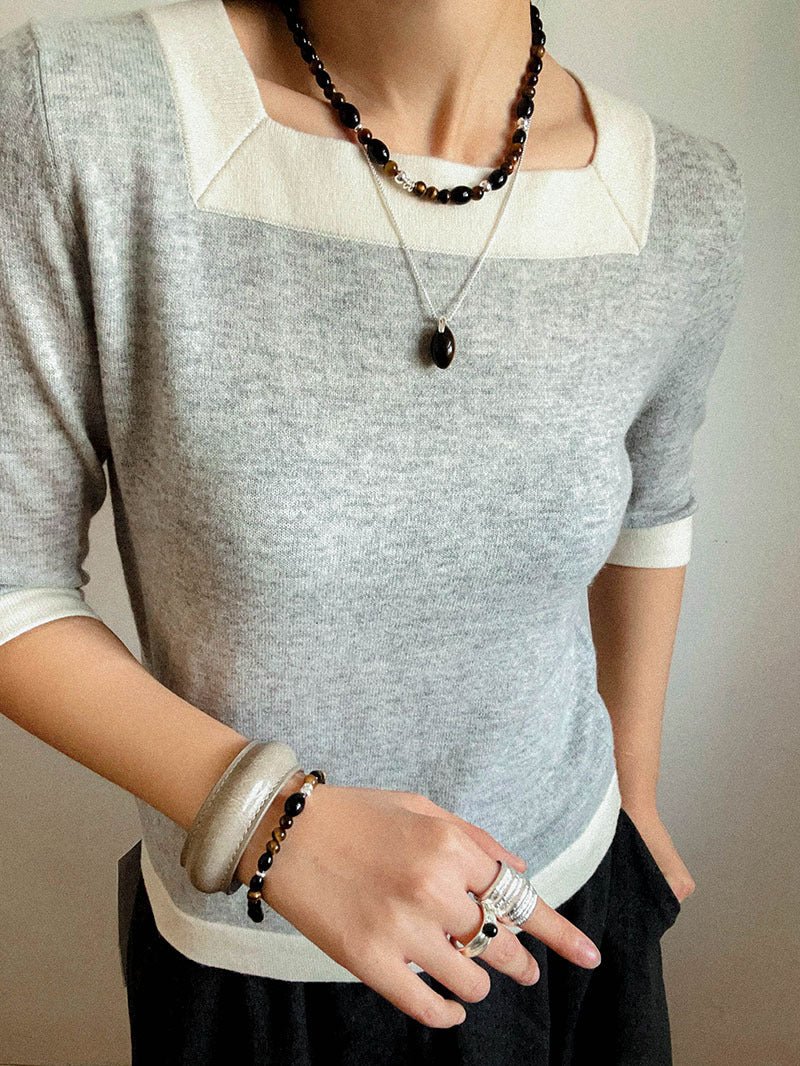 Vintage Tiger’s Eye & Black Agate Beaded Necklace - floysun