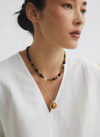 Vintage Tiger’s Eye & Black Agate Beaded Necklace - floysun