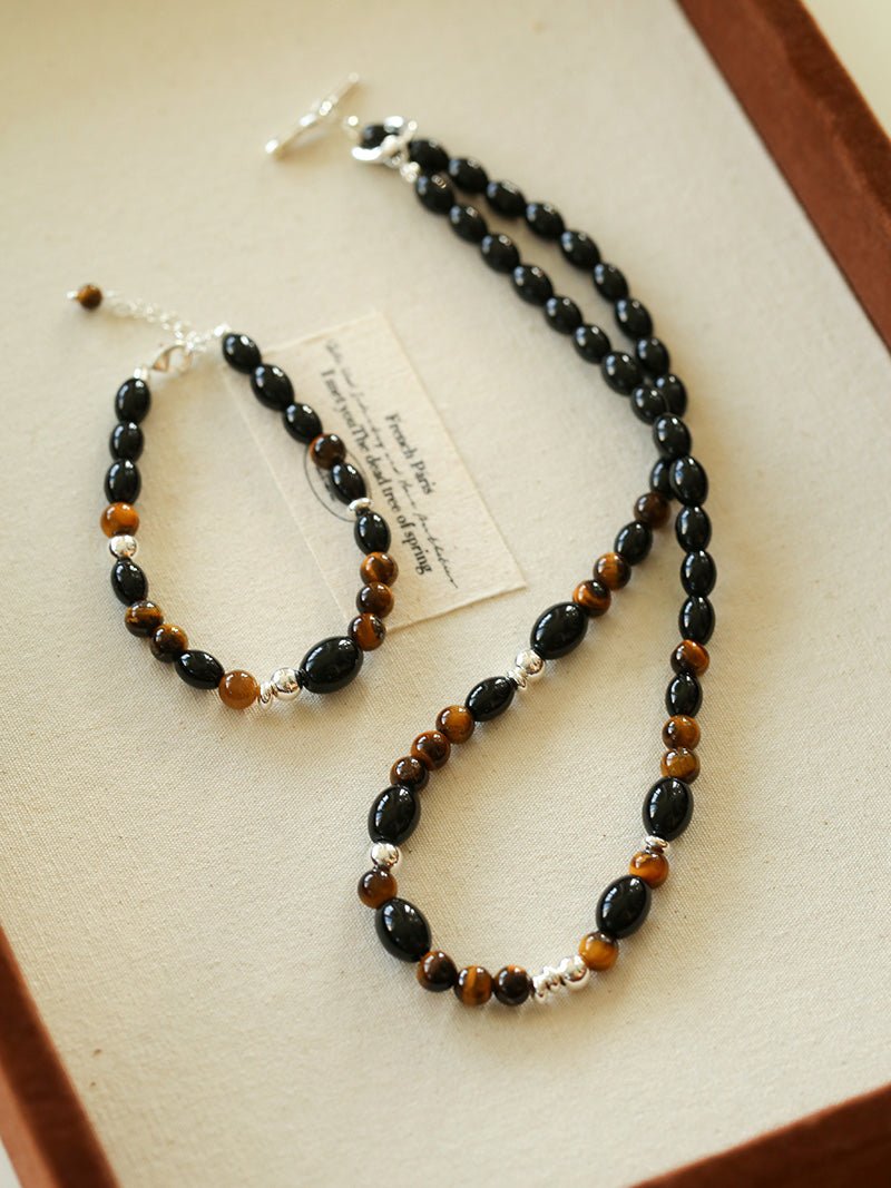 Vintage Tiger’s Eye & Black Agate Beaded Necklace - floysun