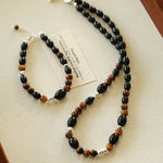 Vintage Tiger’s Eye & Black Agate Beaded Necklace - floysun