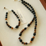 Vintage Tiger’s Eye & Black Agate Beaded Necklace - floysun
