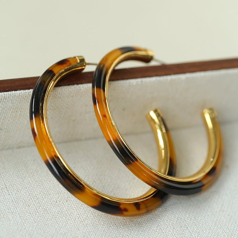 Vintage Tortoise Shell Resin Large Hoop Earrings - floysun