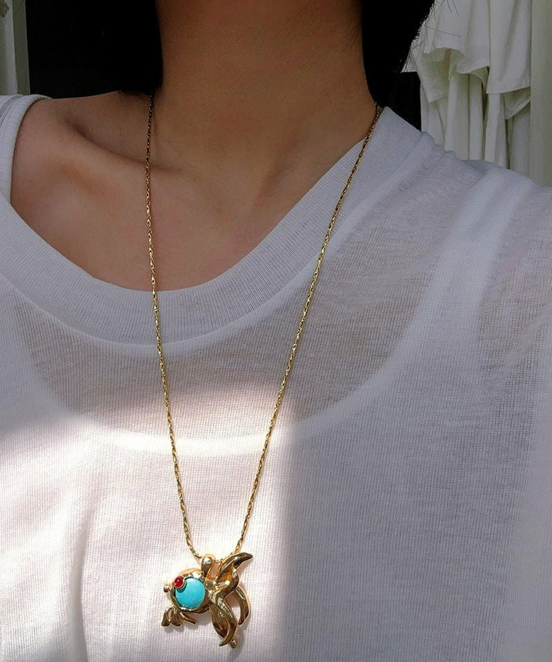 Vintage Turquoise Fish Pendant Necklace - floysun