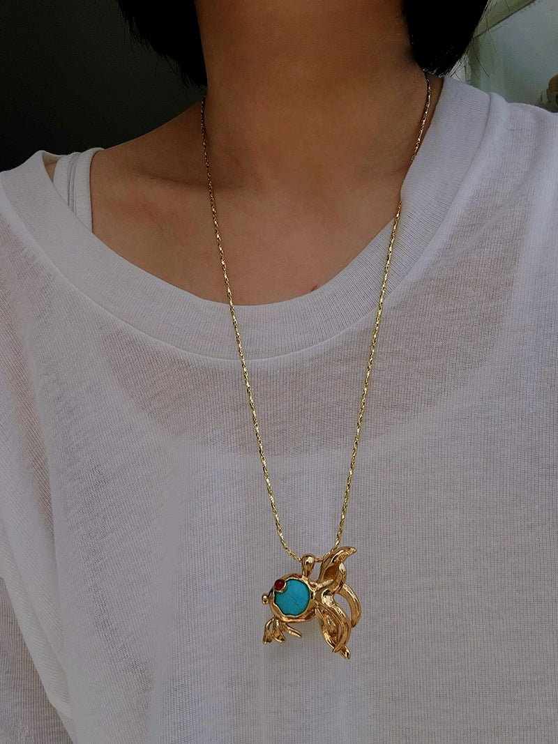 Vintage Turquoise Fish Pendant Necklace - floysun