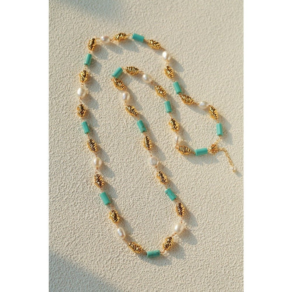 Vintage Twisted Metal Pearl & Turquoise Long Necklace - floysun