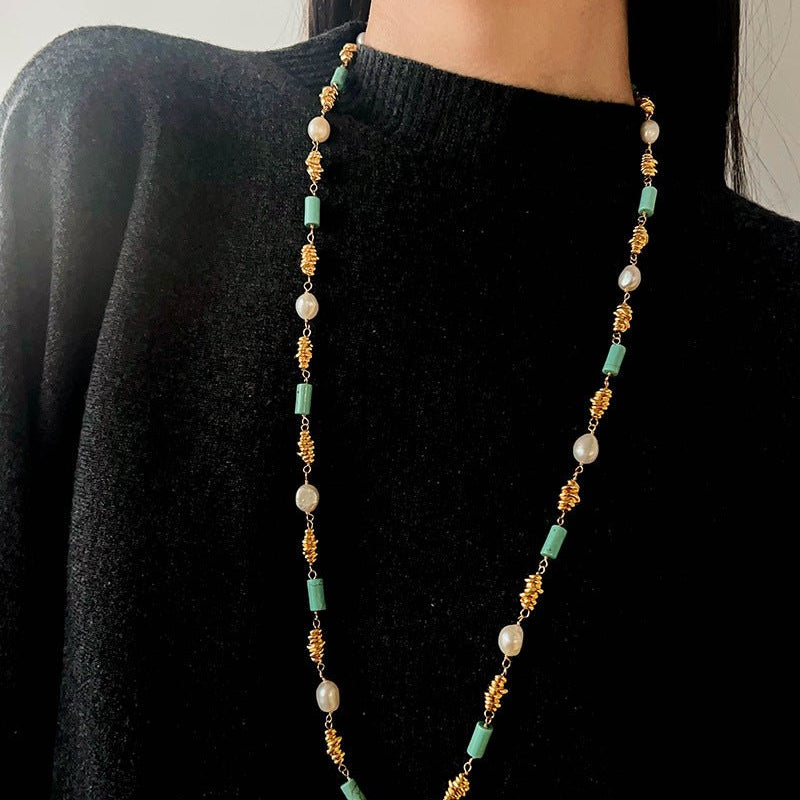 Vintage Twisted Metal Pearl & Turquoise Long Necklace - floysun