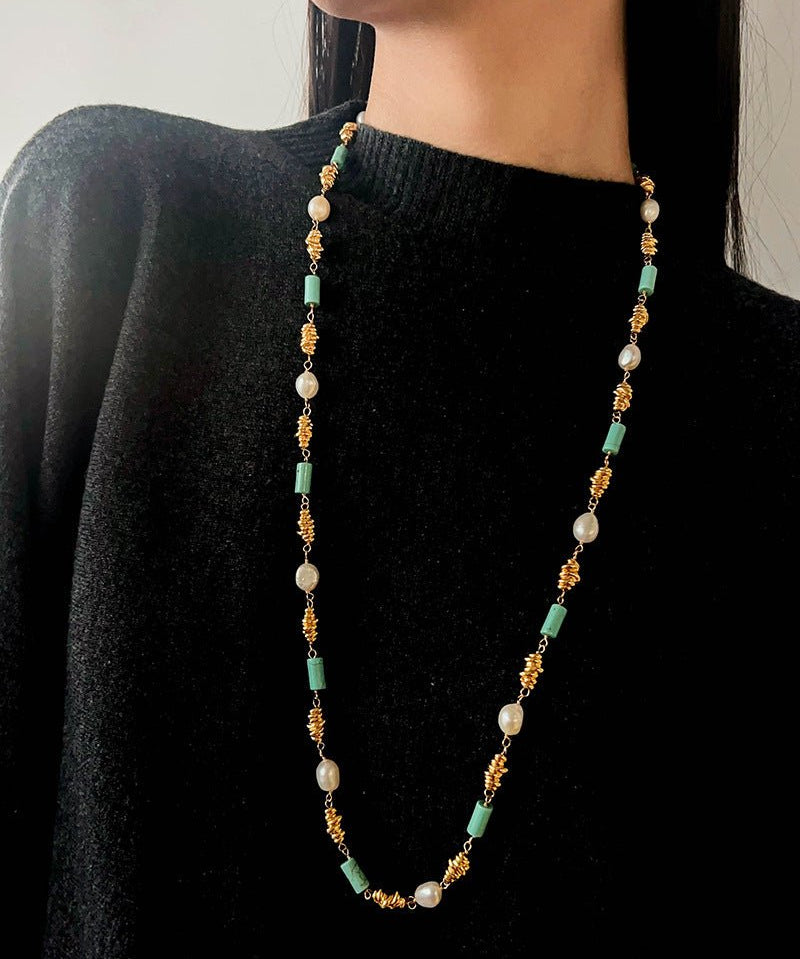 Vintage Twisted Metal Pearl & Turquoise Long Necklace - floysun