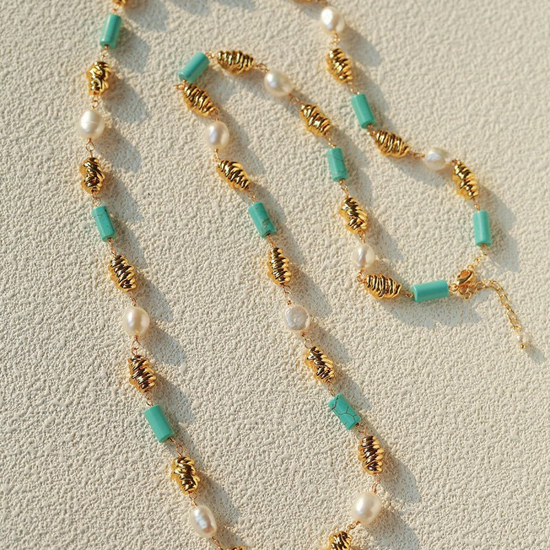 Vintage Twisted Metal Pearl & Turquoise Long Necklace - floysun