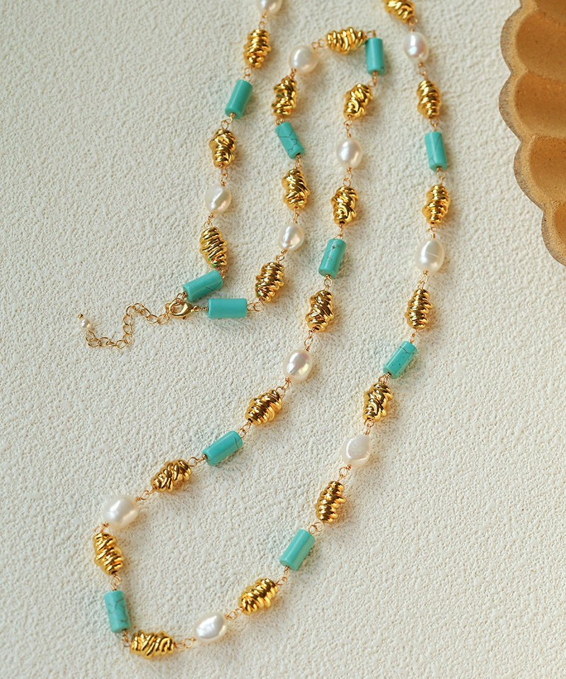 Vintage Twisted Metal Pearl & Turquoise Long Necklace - floysun