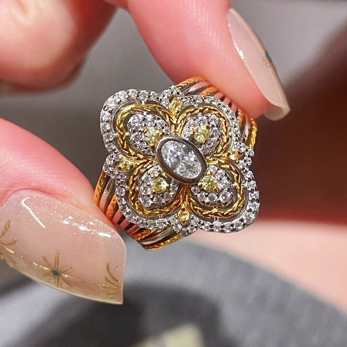 Vintage Two Tone Four-Leaf Clover Lab Grown Diamond Ring - floysun
