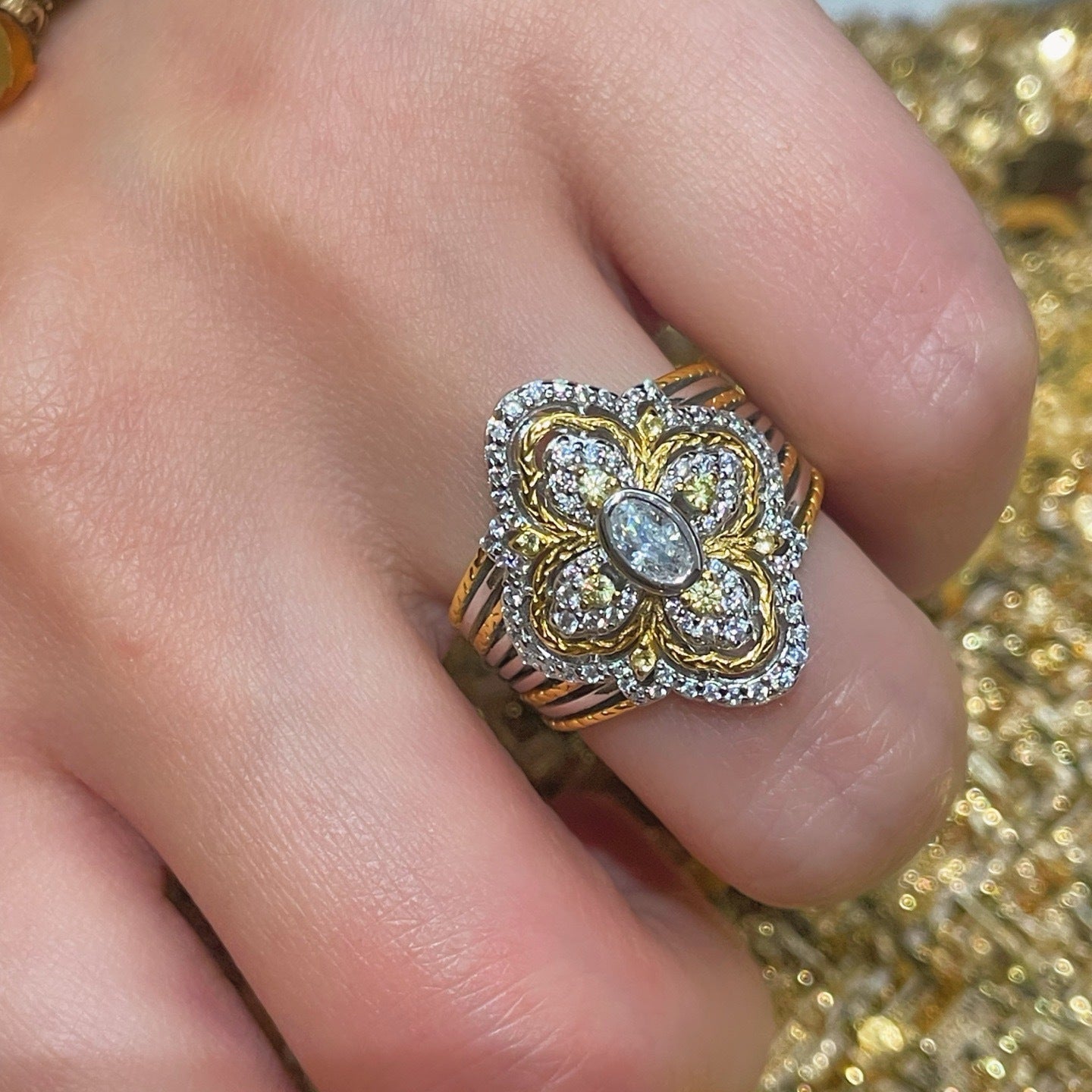 Vintage Two Tone Four-Leaf Clover Lab Grown Diamond Ring - floysun