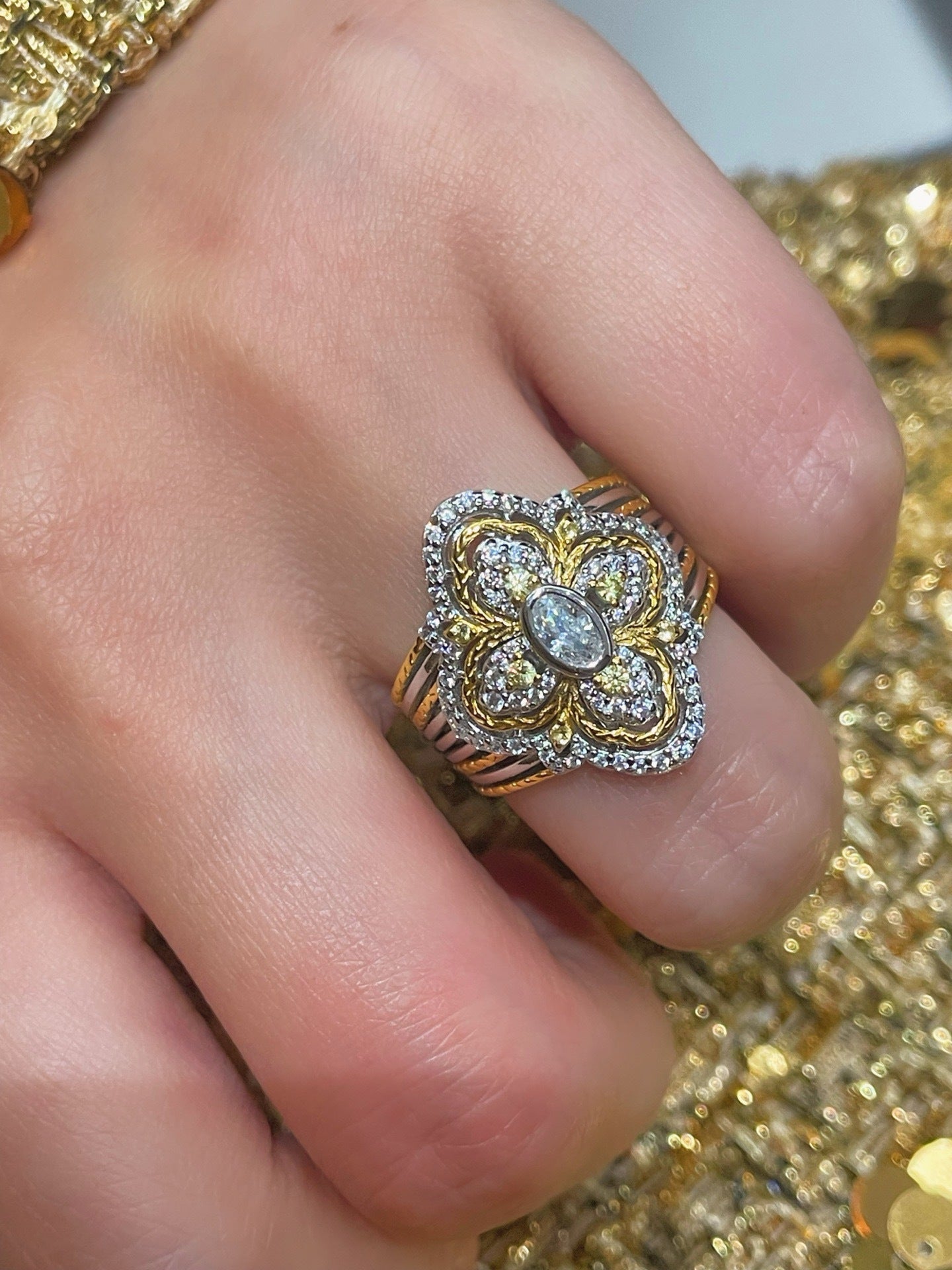 Vintage Two Tone Four-Leaf Clover Lab Grown Diamond Ring - floysun