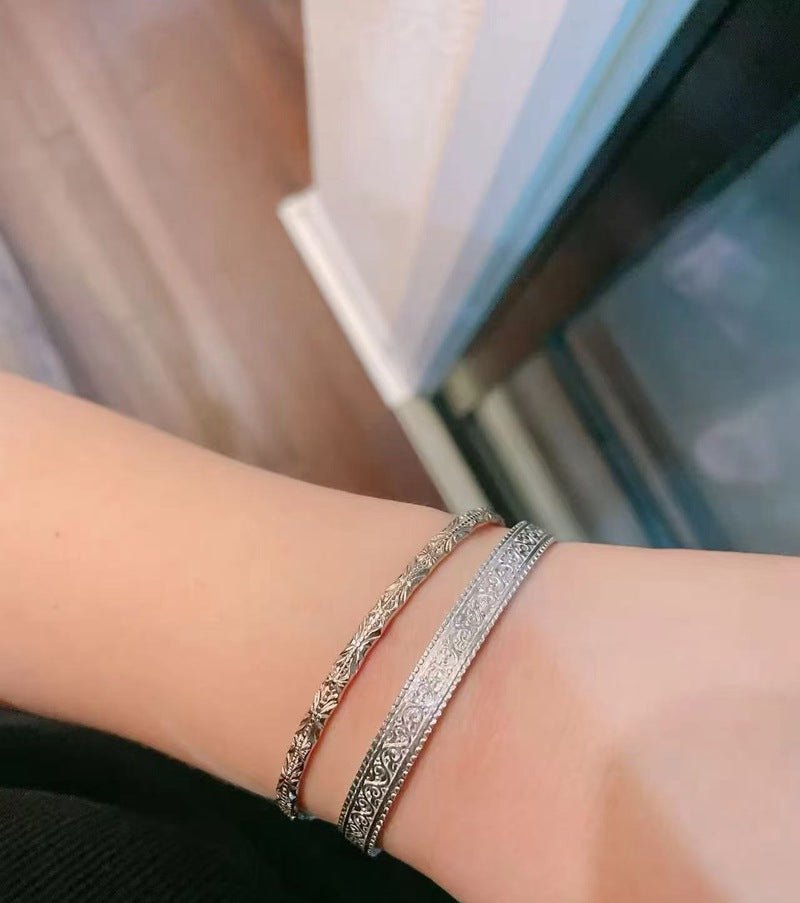 Vintage Vine Pattern Open Cuff 925 Silver Bracelet - floysun