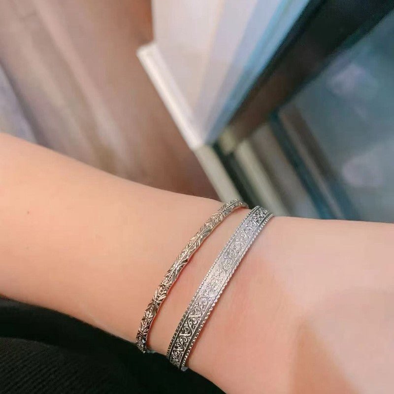 Vintage Vine Pattern Open Cuff 925 Silver Bracelet - floysun