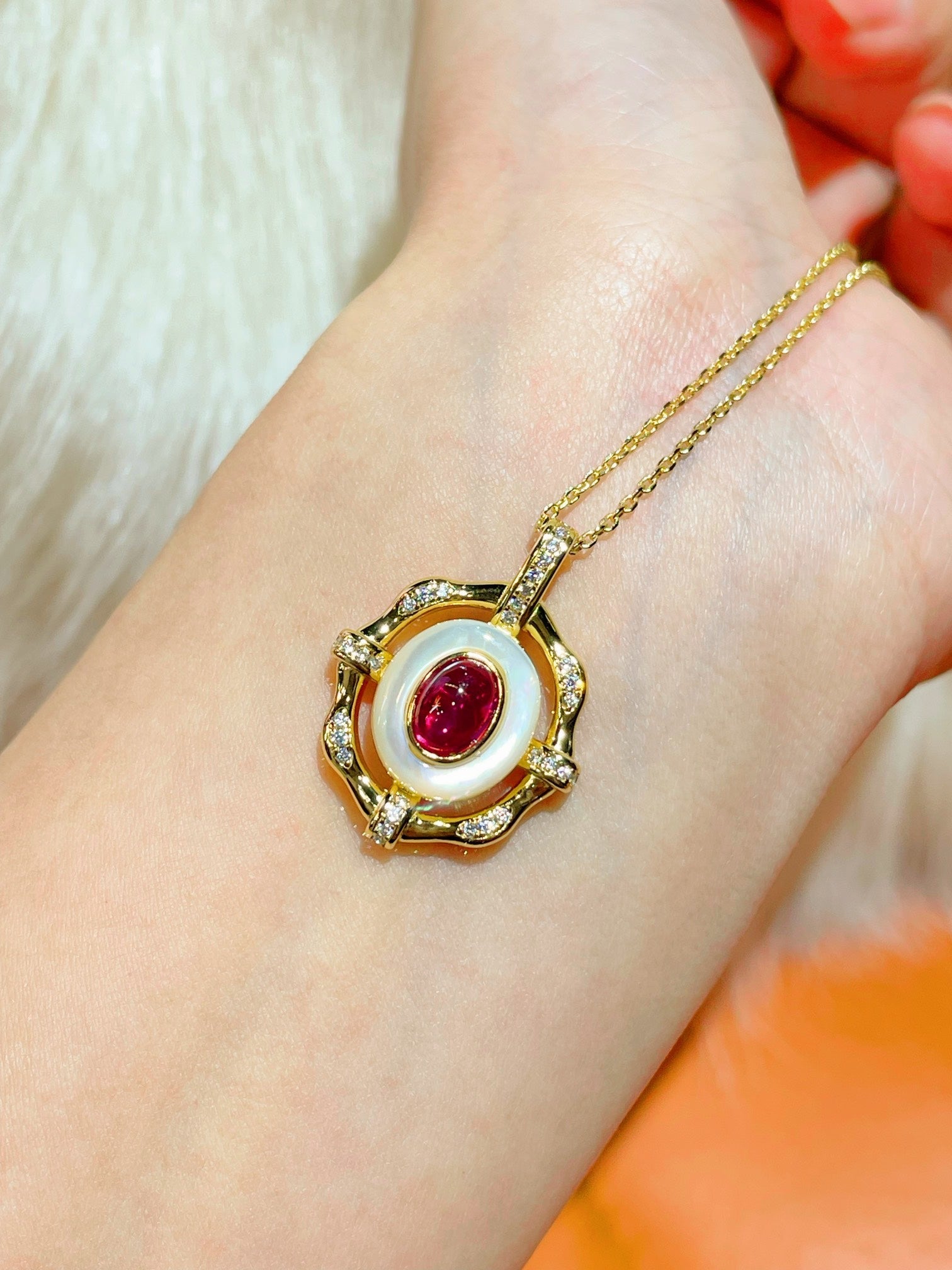 Vintage White Mother - of - Pearl & Ruby Necklace - floysun