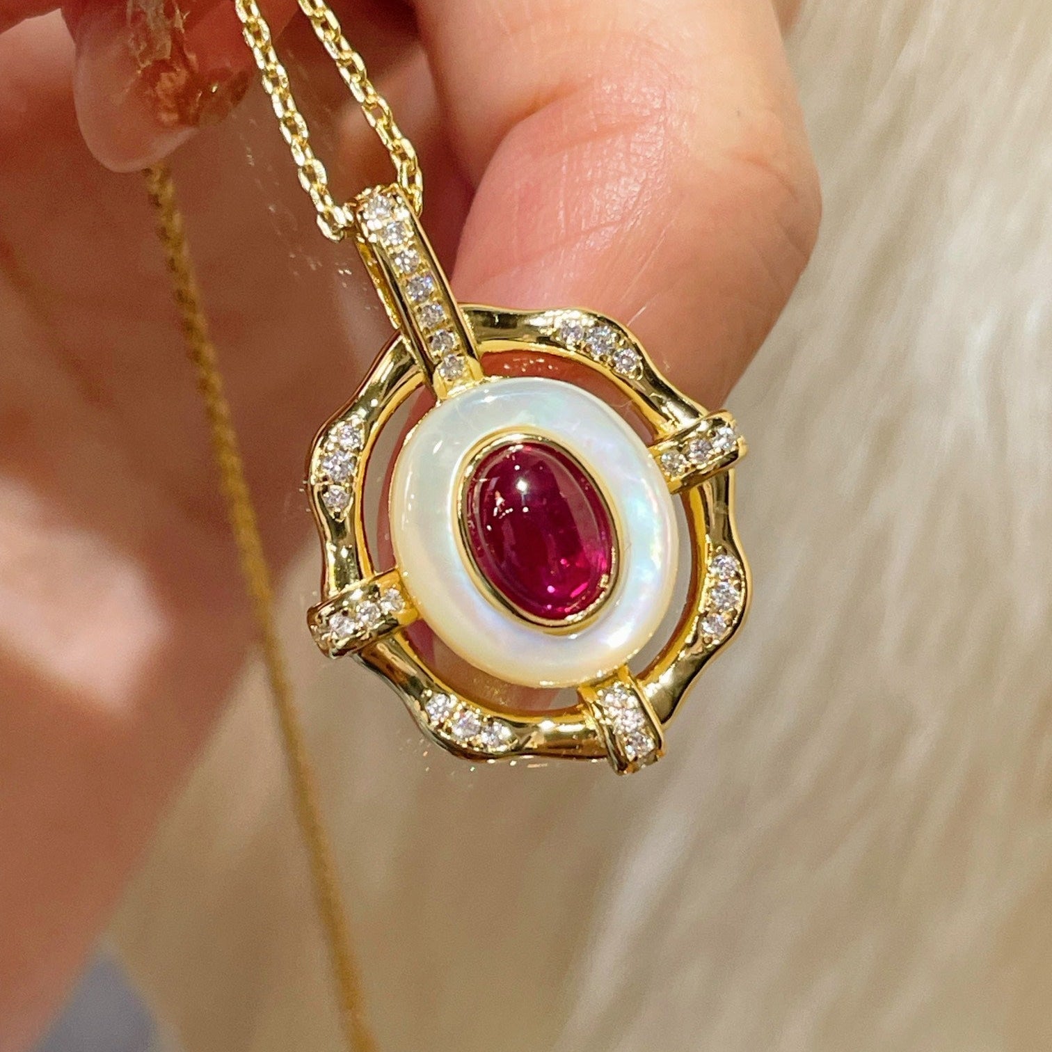Vintage White Mother - of - Pearl & Ruby Necklace - floysun