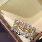 Vintage Wide Honeycomb Openwork Ring with Simulated Diamonds - floysun