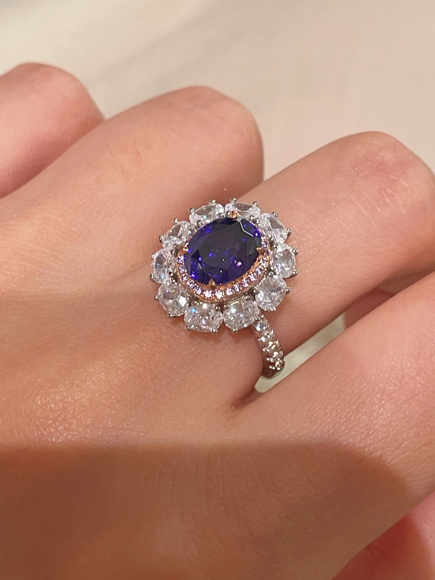 Violet Sapphire & Pink Diamond Halo Statement Ring - floysun