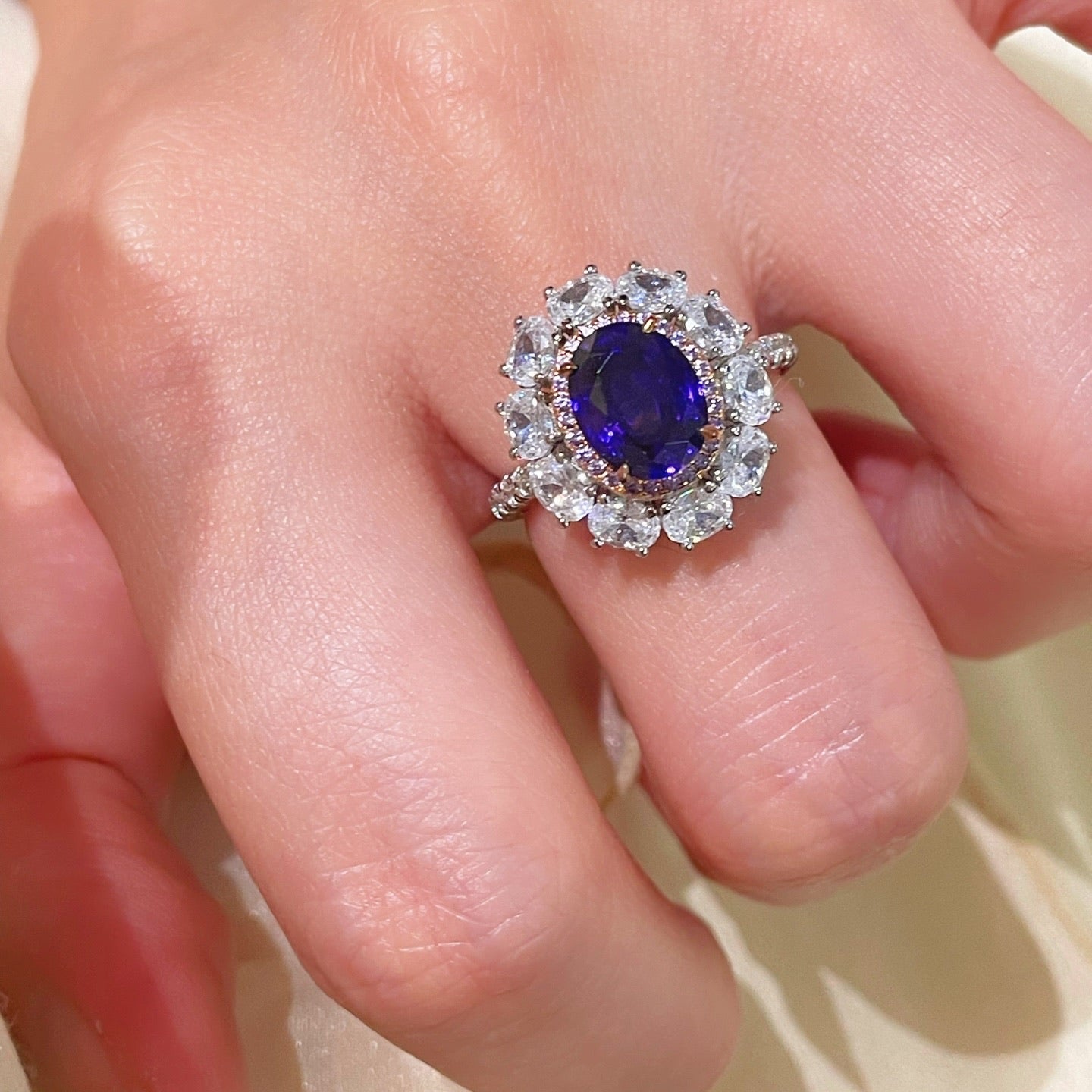 Violet Sapphire & Pink Diamond Halo Statement Ring - floysun