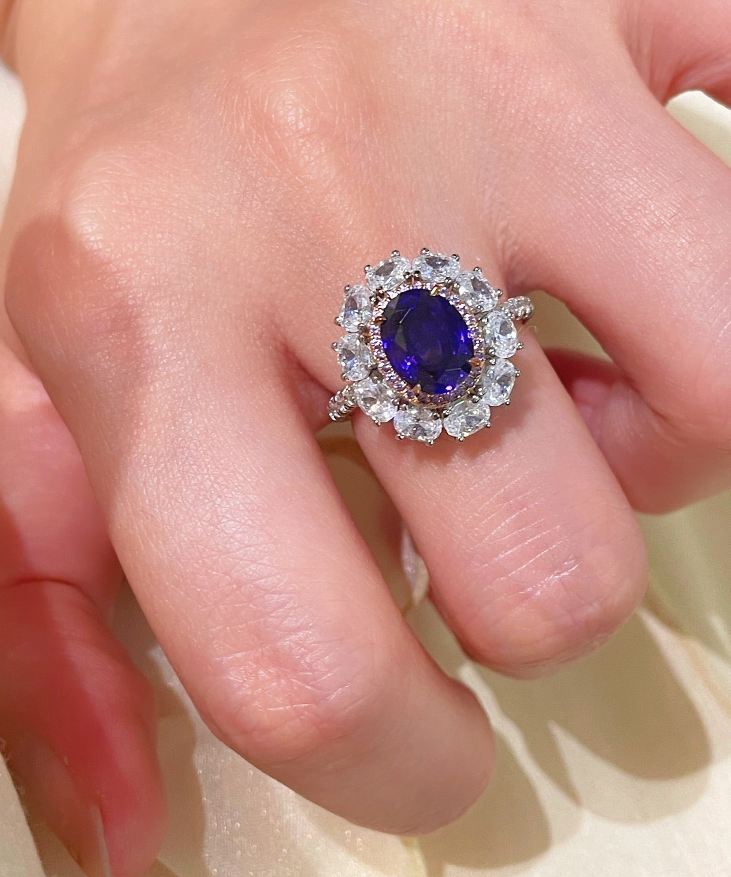 Violet Sapphire & Pink Diamond Halo Statement Ring - floysun