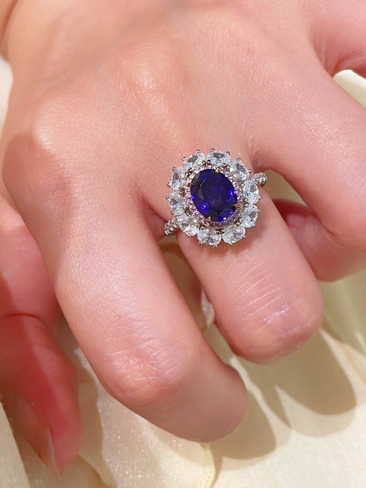 Violet Sapphire & Pink Diamond Halo Statement Ring - floysun