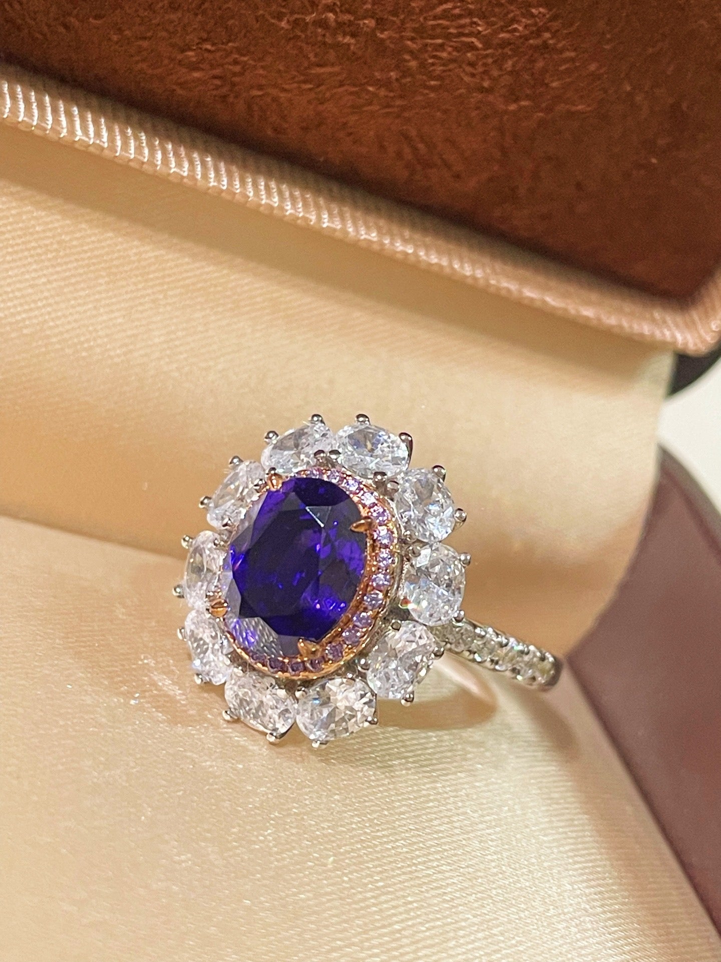 Violet Sapphire & Pink Diamond Halo Statement Ring - floysun
